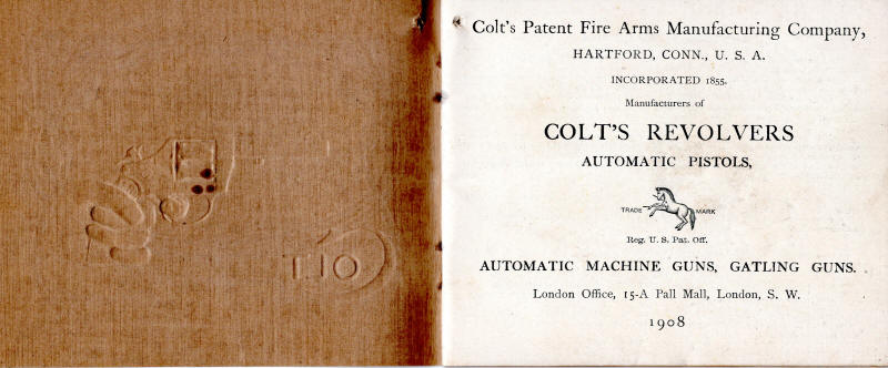 1908 Colt catalog backside of cover showing relief from impression
