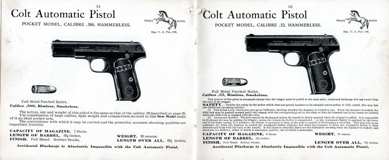 1908 Colt Catalog auto pocket model hammerless pistols in .308 and .32 calibers
