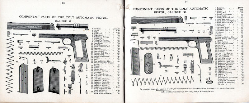 1908 Colt Catalog parts list for automatic pistols