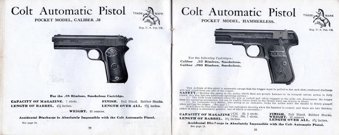 1919 Colt catalog pocket model .38 and pocket model hammerless .32 pistols