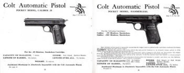 Colt pocket model 38 and pocket model hammerless auto pistos