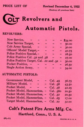 Colt 1922 Catalog price list revised for Dec. 1922