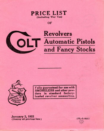 Colt January 1922 catalog price list for revolver, pistols, and stocks