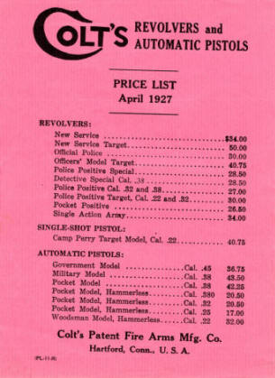 Colt 1927 catalog price list for April