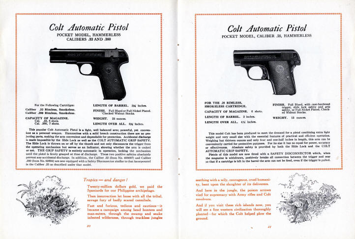 Colt 1928 automatic pistols: pockeet model hammerless and .25 pocket model