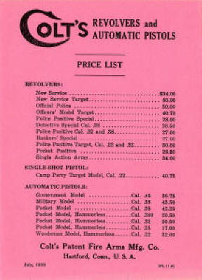 Colt 1928 catalog price list for Colt revolvers