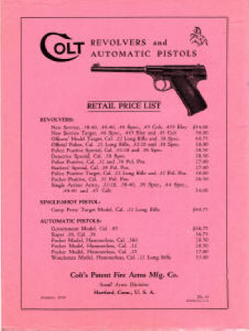 Colt 1930 catalog showing the price list