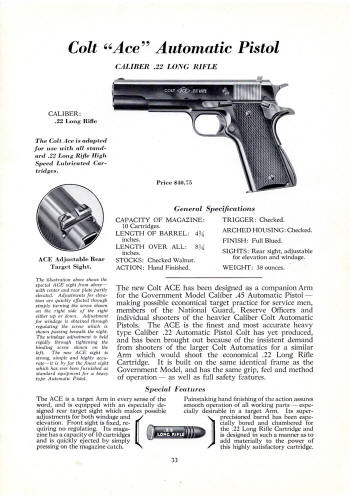 Colt firearms 1933 catalog 'Ace' .22 LR auto pistol