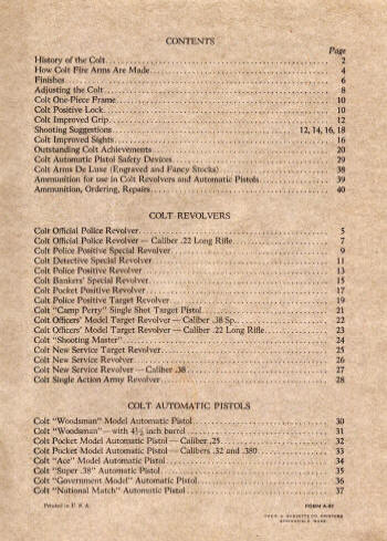 Colt 1933 catalog table of content...guns for sale