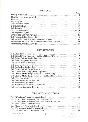 Colt's 1933 catalog showing the list of guns