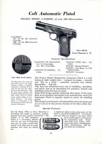 Colt Fire Arms Catalog March 1934 pocket automatic .32 and .380 pistol