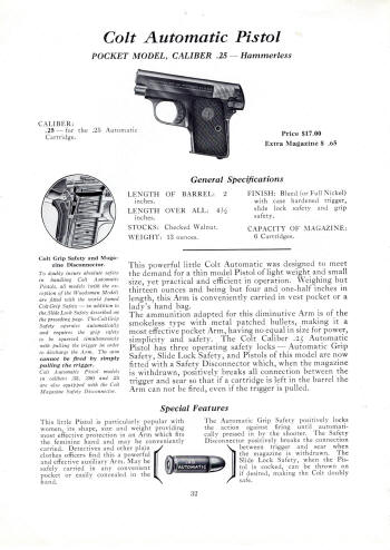 Colt Fire Arms Jan. 1935 Catalog auto .25 pistol