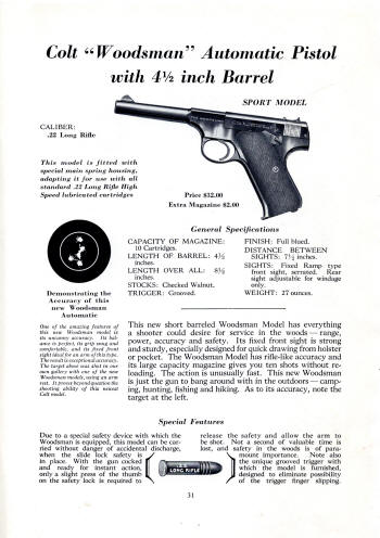 Colt 1936 (Oct.) catalog 'Woodsman' .22 automatic pistol 4 1/2 in. barell