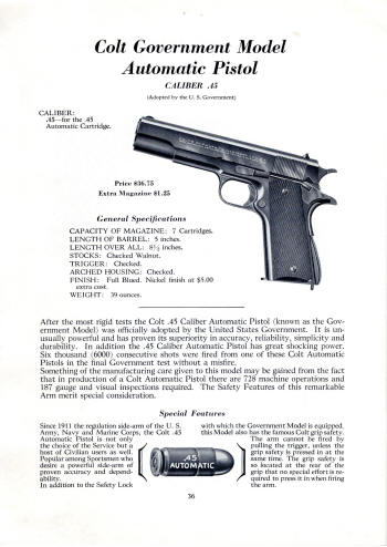 Colt 1936 (Oct.) catalog gov't. model 1911 .45 cal. pistol