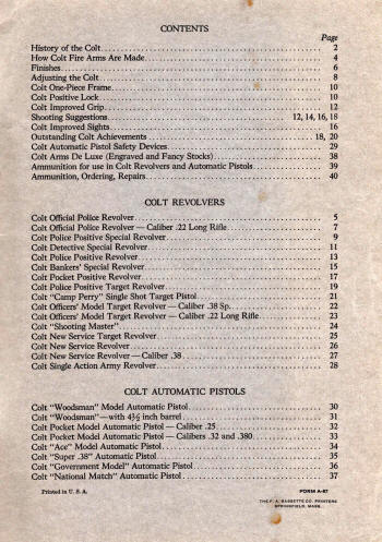 Colt 1936 catalog showing the list of guns