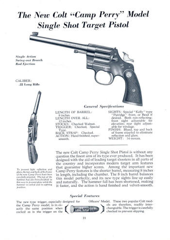 Colt Firearms 1938 catalog singel shot .22 camp perry pistol