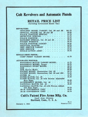 Colt 1941 catalog price list