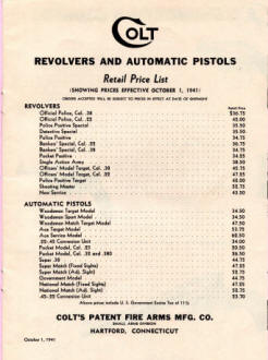 Colt Revolvers and Automatic Pistols Illustrated Price List Oct. 1941