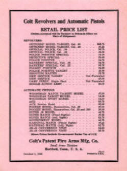 Colt pink price list for Oct. 1, 1941 just before ww2 begins