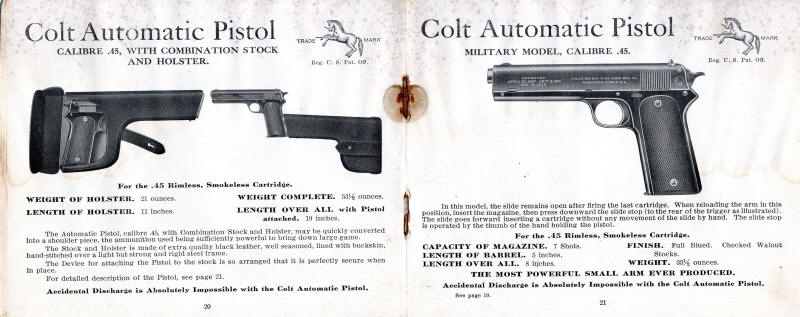 Colt 1909-3 catalog: 45 auto pistol with wood holster/stock and military model pistol
