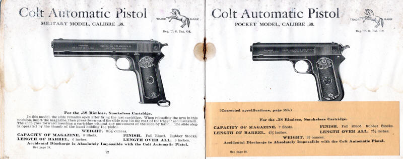 Colt 1909-3 catalog:.38 military auto pistol and pocket model .38