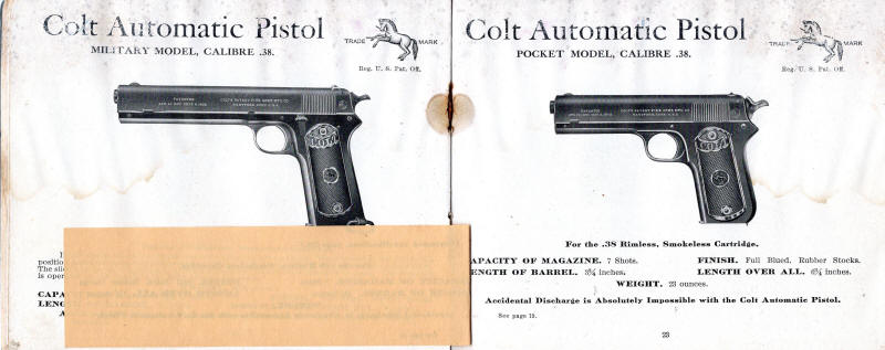 Colt 1909-3 catalog: data correction sticker on bottom of page