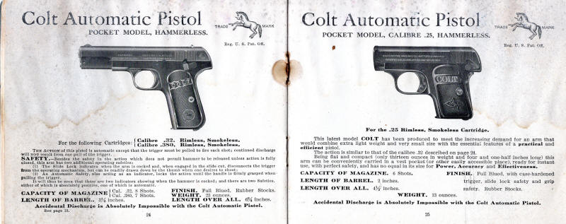Colt 1909-3 catalog: pocket model hammerless pistol and .25 pocket model pistol