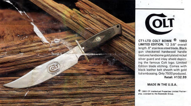 Colt CT-1-LTD Bowie Knife c. 1993 catalog listing