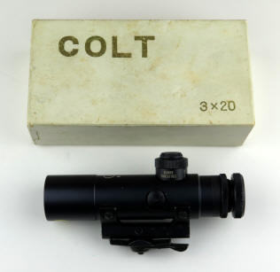Colt 3 x 20 early handle-carry scope and box