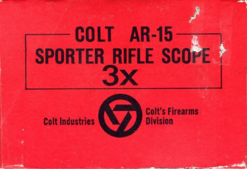 Colt 'Realist' 3x20 scope red box end with data for AR-15