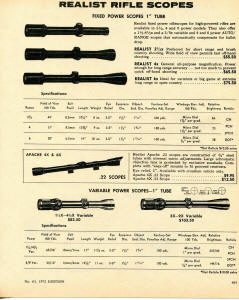 1972 Print Ad of Realist Rifle Scopes Fixed Power Apache & Variable Power