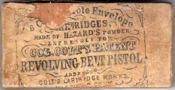 Colt's .36 (6) Combustible Envelope Cartridges made expressly for Col. Colt's Patent Revolving Belt Pistol ammo box