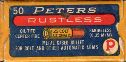 Peters .25 Colt Automatic, 6.35 mm, oil-tite, Rustless ammo box