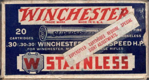 Winchester .30-30 Winchester Super Speed Hollow Point, label 'requires special sight adjustments'