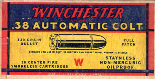 Winchster .38 Automatic Colt, full patch 130 gr. ammo box
