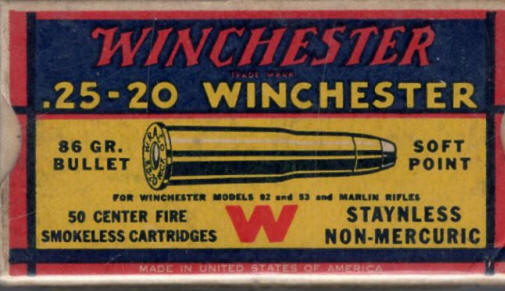 Winchester .25-20 Winchester 86 gr. soft point Win. M92 & M52 and Marlin rifles ammo box