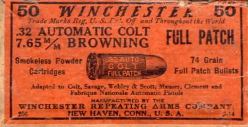 Winchester .32 Automatic Colt, full patch, 74 gr. 'Trade marks reg USPO and throughout the world'