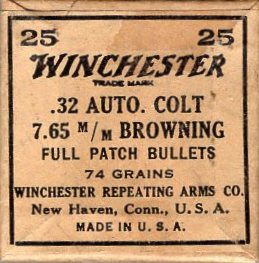 Winchester .32 Winchester Automatic Colt 7.65 Browning full patch bullets box