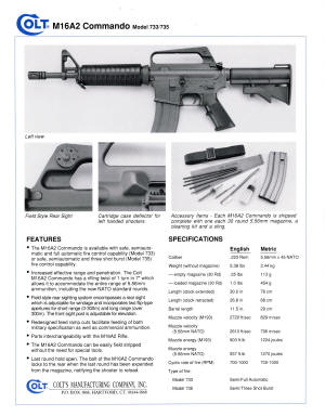 Colt M16A2 Commando Model 733/735 spec sheet