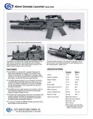 Colt 40mm Grenade Launcher Model M203 spec sheet