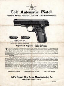 Colt M1908, .32 & .380 Hammerless Automatic Pistol instructions,