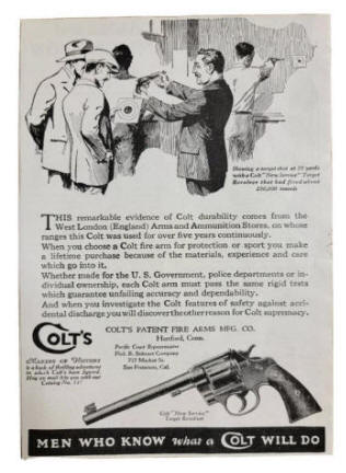 Salesman explaining Colt revolver to customers