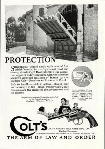 1924-5 Colt ad stressing 'protection' with pistols and revolvers