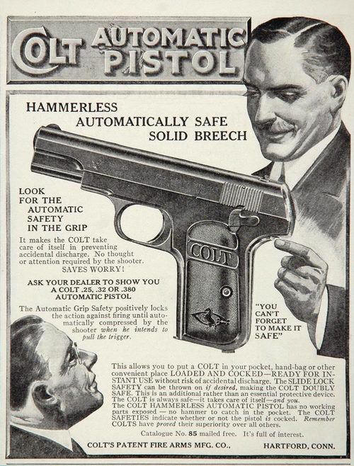 1908 Colt hammerless automatic pistol ad
