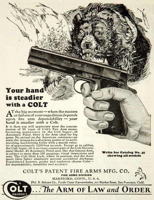 1931 Colt pistol ad showing attacking bear