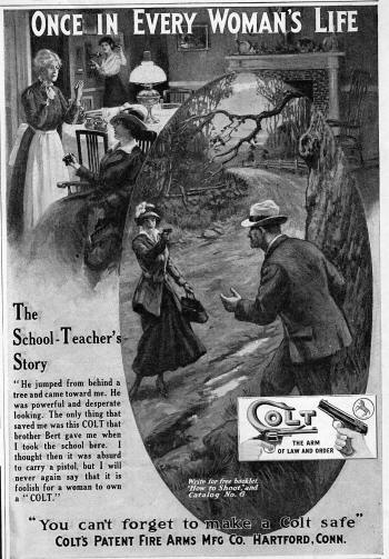 1916 Colt ad featuring a school teacher's crime story