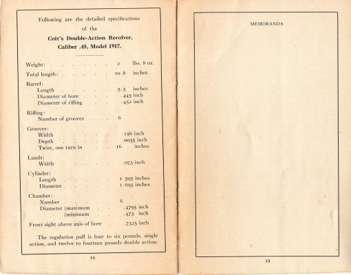Colt M1917 double action .45 cal. revolver handbook page last