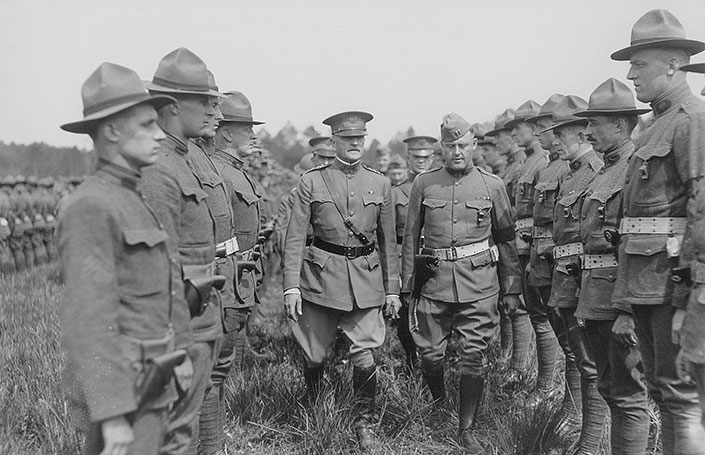 General John Pershing reviews troops during World War I