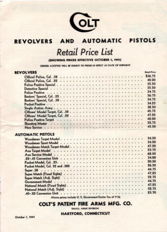 Colt Revolvers and Automatic Pistols Illustrated Price List Oct. 1941 inventory price  list