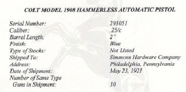 Colt M1908, .25 Hammerless Pistol, (1921) 2" bbl enlarged factory letter
